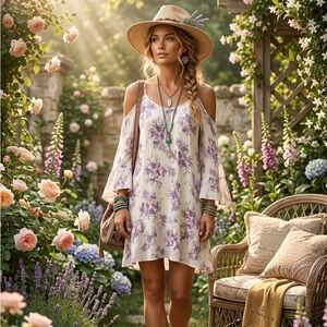 Altar'd State Purple Floral Cold Shoulder Mini Dress/Tunic - Bell Sleeve -Size S